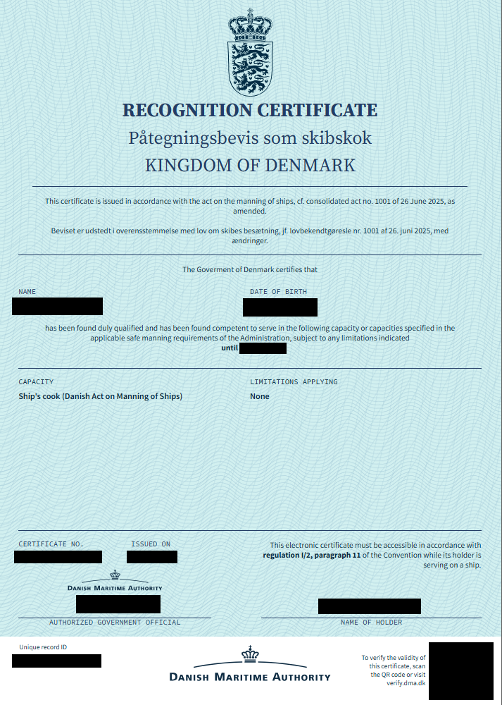 Anonymised official Danish Maritime Authority Ship’s Cook certificate example